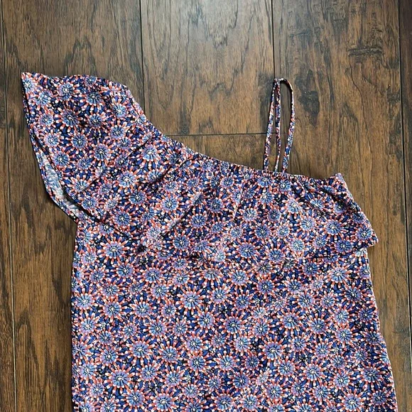 Promod Blue/Red Floral One Shoulder Ruffle Front Dress - Picture 2 of 11